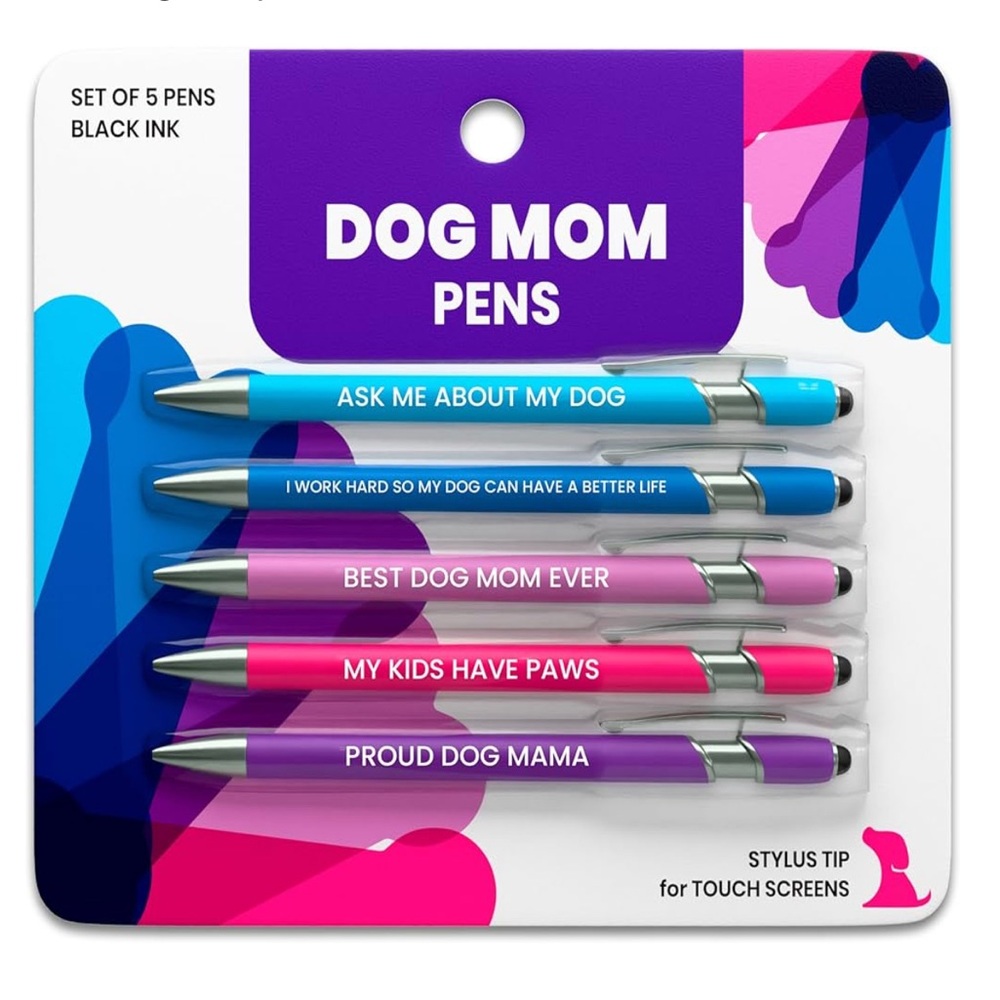 🆕 Funny Dog Mom Gift Pen Set – 5 Black Ink Ballpoint Pens with Stylus Tips